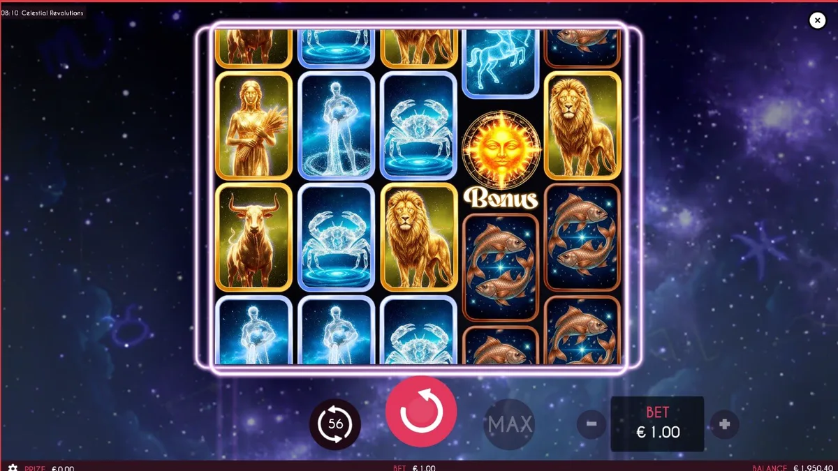 Tampilan visual slot Celestial Revolutions dengan tema zodiak dan kosmos